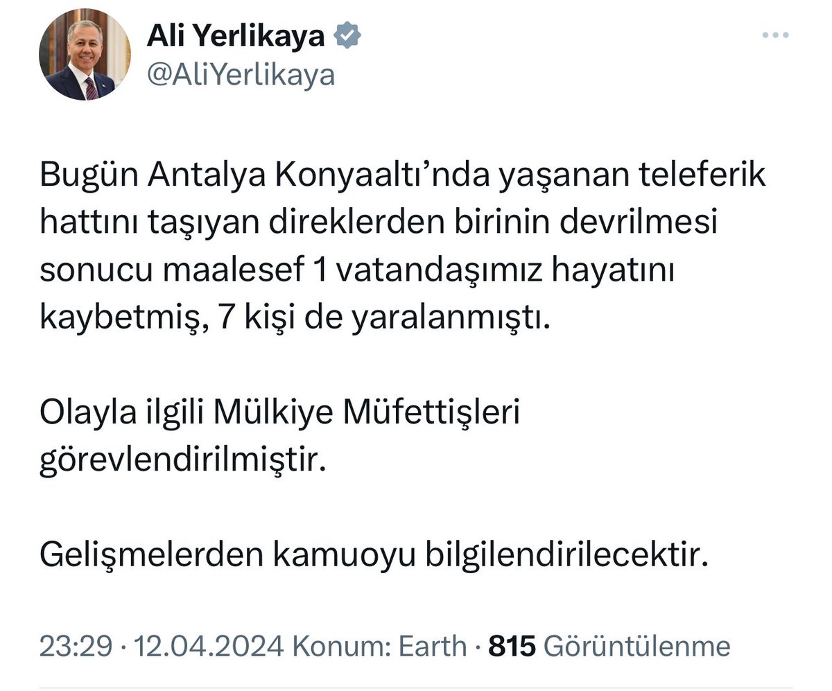 İçişleri Bakanı Ali Yerlikaya, Antalya’da yaşanan #teleferik kazasıyla ilgili Mülkiye Müfettişleri’nin görevlendirildiğini duyurdu.