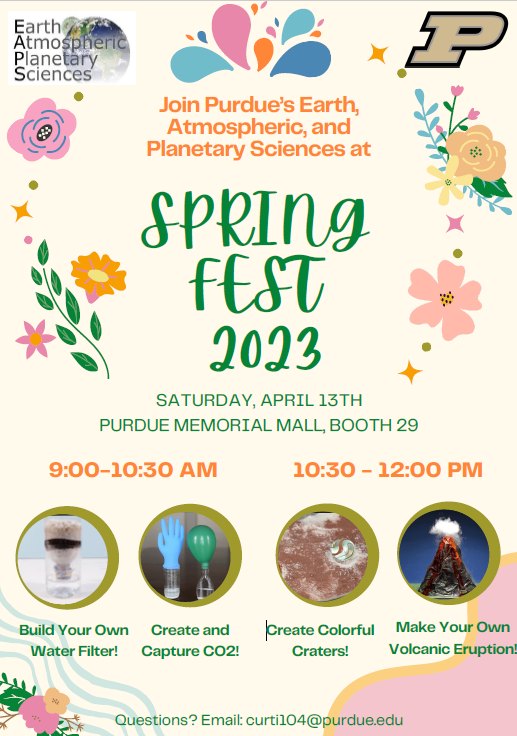 Are you going to SpringFest? Meet up with the Purdue EAPS Grad Student Association (GSA!) on April 13 at Purdue Memorial Mall. #boilerup