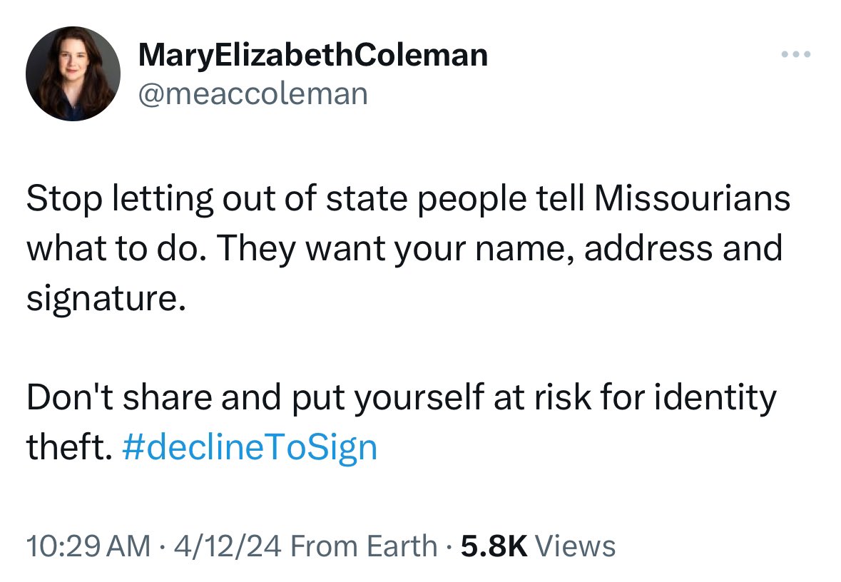 Missouri Republicans are trying to convince people that signing a petition will result in identity theft. 

They’re fearmongering about one of the only tools a citizen has to overcome tyranny.

Open your eyes. 

Republicans are openly trying to silence the people. 

#moleg