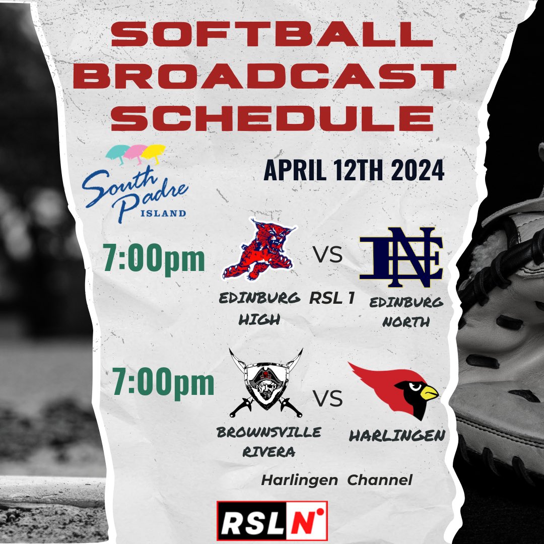 Here is our Softball Broadcast Schedule for today. 🥎(April 12th, 2024) Broadcast links⬇️ RSL1- riosportslive.com/rsl-1/ Harlingen Channel-riosportslive.com/harlingen/ #RSLSoftball “Brought to you in part by T-Mobile. Now serving Raymondville, Port Isabel and Rio Grande City”