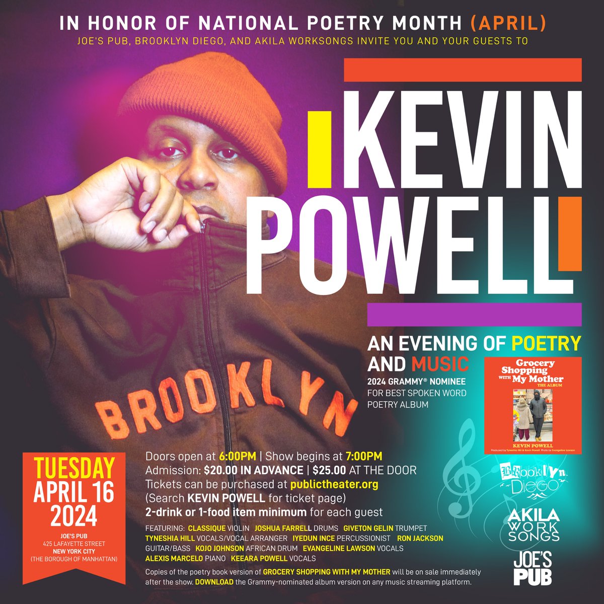 @karenhunter WE ARE ALMOST SOLD OUT! NEW YORK live performance of my 2024 GRAMMY-nominated spoken word poetry album, GROCERY SHOPPING WITH MY MOTHER has few tickets left! TUES APRIL 16th, 7pm (doors open at 6pm), at Joe’s Pub! Here is link to get tickets: publictheater.org/productions/jo…