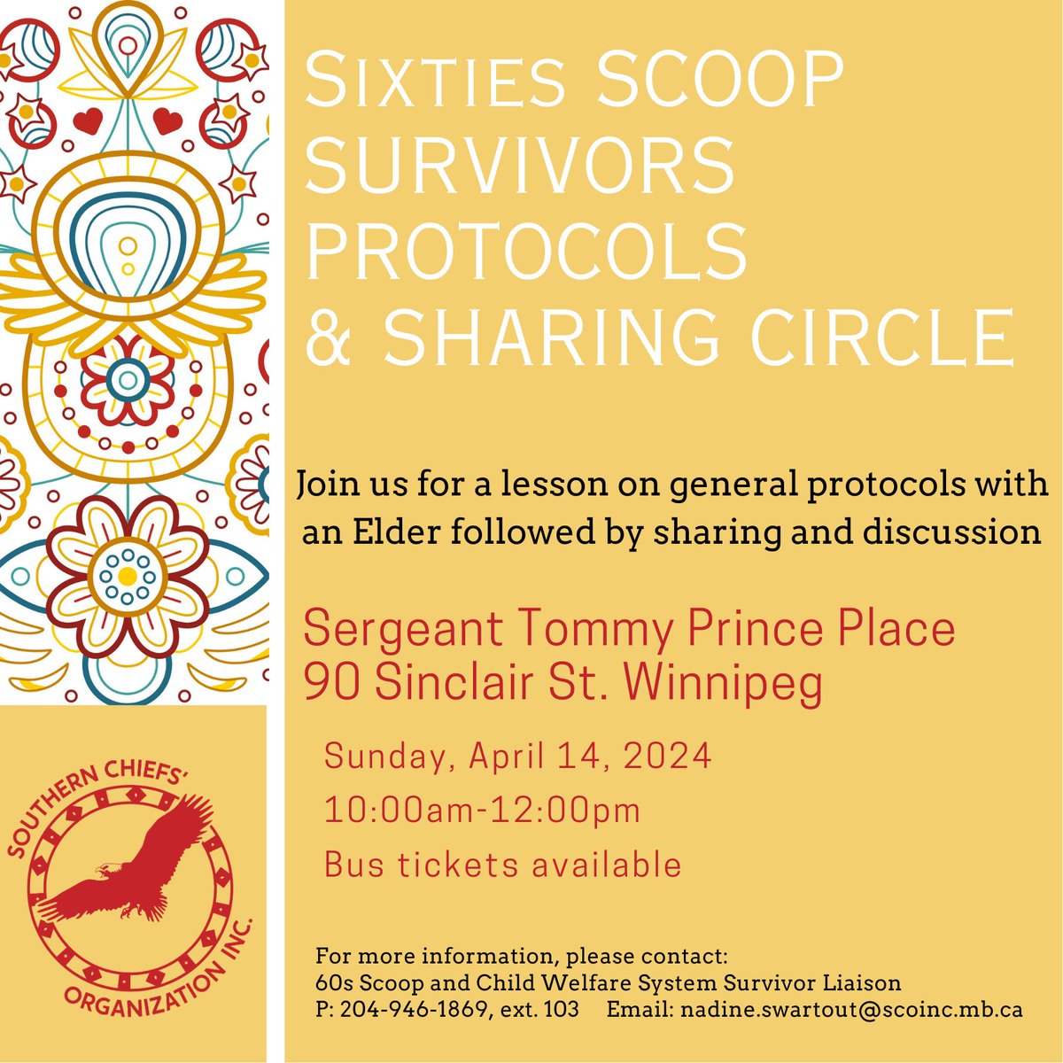 SCO invites Survivors of the Sixties Scoop to learn protocols from a male and female Elder on Sunday, April 14, from 10 am to 12 pm. This time together will serve as a safe space to be with fellow Survivors and to learn and discuss basic protocols. #SCOINCMB #SixtiesScoop