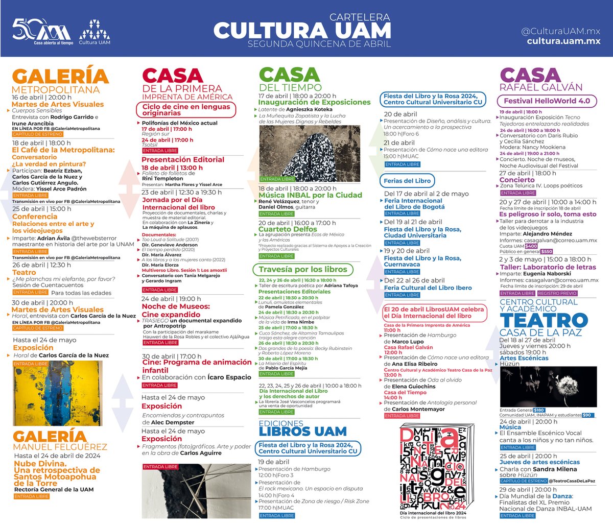 ¡Teatro, festivales, música, exposiciones, talleres, presentaciones de libro, ciclo de cine y más! Consulta la cartelera cultural de la UAM . #UAM50 #SoyUAM #CulturaUAM #UAMCreativa @CulturaUAMmx