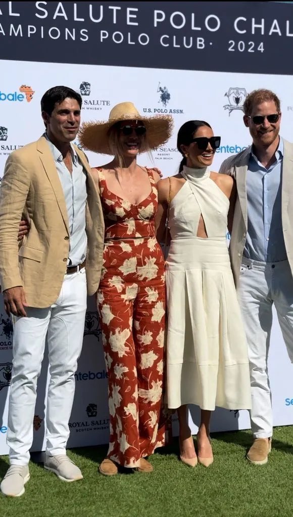 Whew! Mother, #MeghanMarkle is looking absolutely STUNNING at #PrinceHarry’s polo charity match for his organization, #Sentebale! The #DukeAndDuchessOfSussex are pictured with Harry’s best friend, Argentine polo player, Nacho Figueras and his wife Delfina Blaquier in Miami, FL!