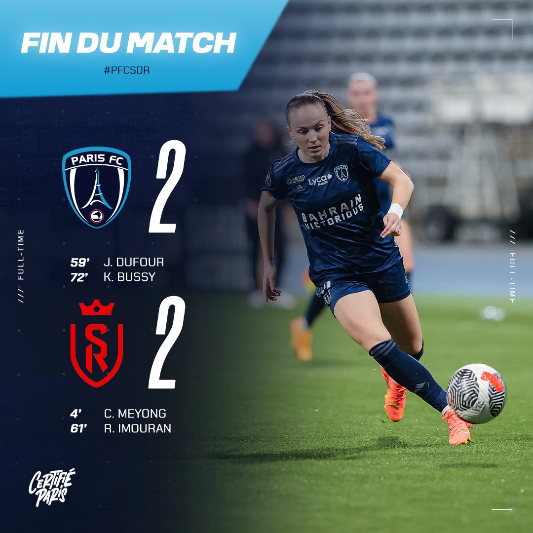 🔚 90+5' C'est terminé à Charléty ! Partage des points entre le Paris FC et le @StadeDeReims. Prochain rendez-vous 🆚 @ASSEFeminines vendredi prochain à Bobin. 2⃣-2⃣ #PFCSDR