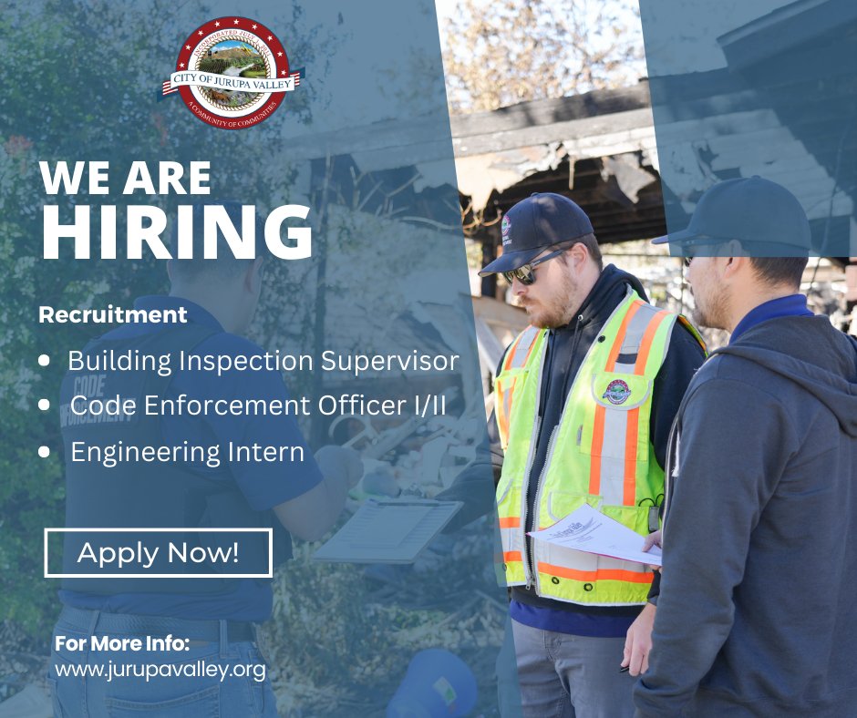 Join the #JurupaValley team! We are currently hiring for the following positions: 🦺 Building Inspection Supervisor 🏠 Code Enforcement Officer I/II 📐 Engineering Intern Learn more at governmentjobs.com/careers/jurupa…