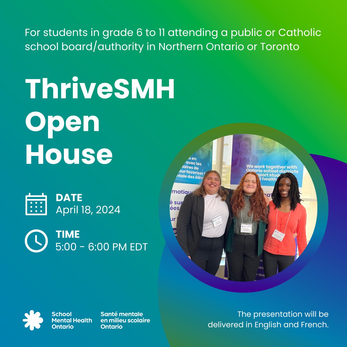 Know any students who are interested in mental health and making a difference in their communities? Encourage them to join ThriveSMH! We are hosting our first virtual open house session for the student groups at SMH-ON. Register: eventbrite.ca/e/thrive-smhpr… #SchoolMentalHealthON