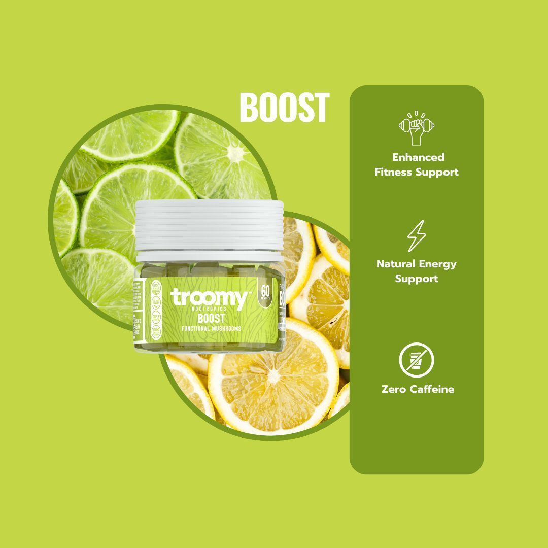 Ready to elevate your day with a burst of lemon-lime goodness? Try Troomy Boost Gummies! 🍋⚡️ Packed with natural energy support, fitness enhancement, and caffeine-free benefits, it's the tasty boost you've been craving! 

#TroomyBoost #NaturalEnergy #FitnessSupport #Cordyceps