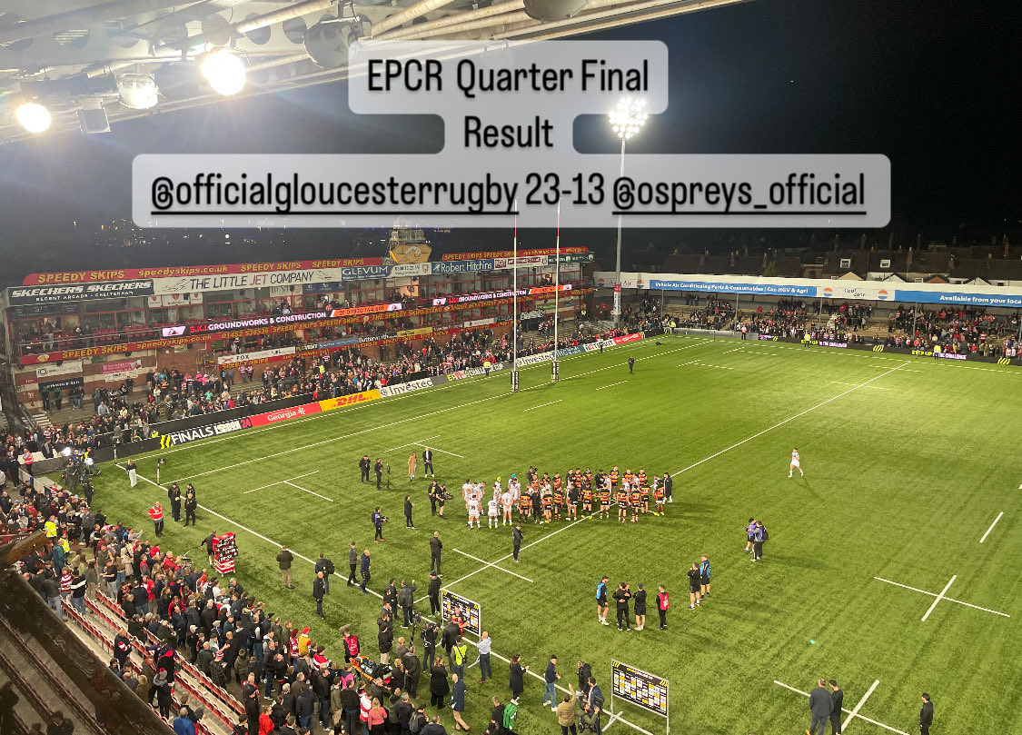 #epcrchallengecup 1/4 final result ⁦@gloucesterrugby⁩ 23-13 ⁦@ospreys⁩ . Great result, old school #anglowelsh  fixture. Semi final coming to #Kingsholm