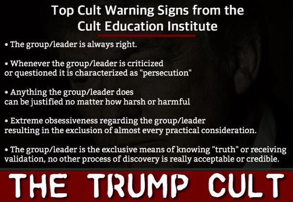 THE TRUMP CULT BEHAVIOR manifests itself in the unconditional Allegiance and abject submission to Donald Trump, mass-degradation, fake patriotism, fake Christianism, the systematic attacks on all opponents, and the strict prohibition of independent opinions.

RINO