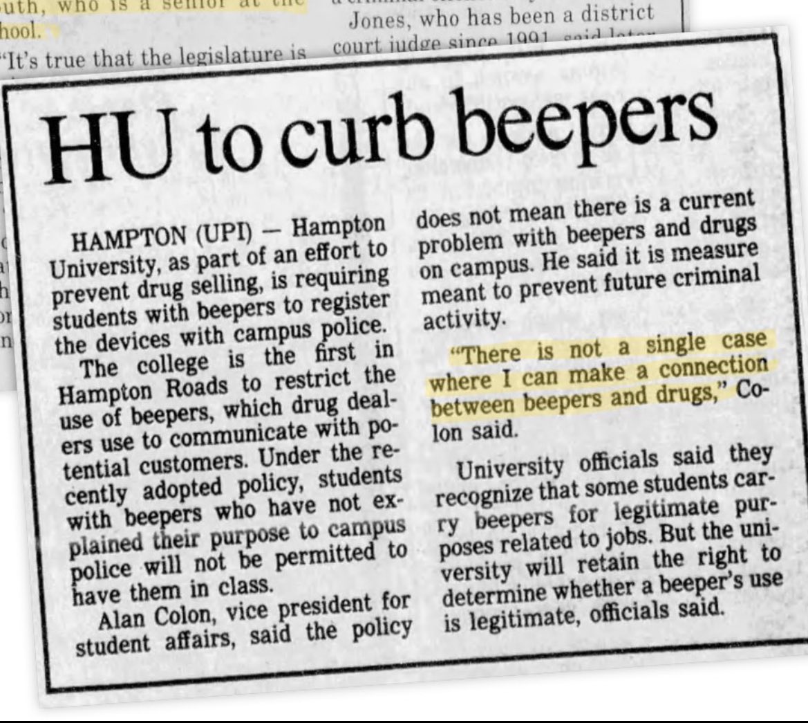 “Hampton University, as part of an effort to prevent drug selling, is requiring students with beepers to register the devices with campus police”