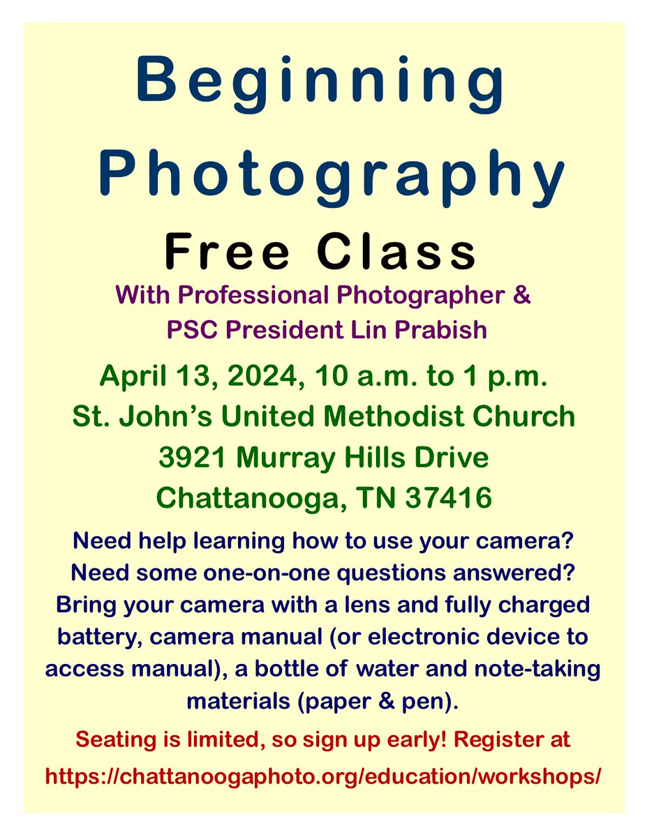 Don't forget tomorrow (13th) is the Beginning Photography class. If you registered, don't forget to come to class tomorrow with your camera with a lens and fully charged battery, note-taking materials, and a bottle of water. #BeginningPhotography #FreeClass #ChattanoogaPhoto