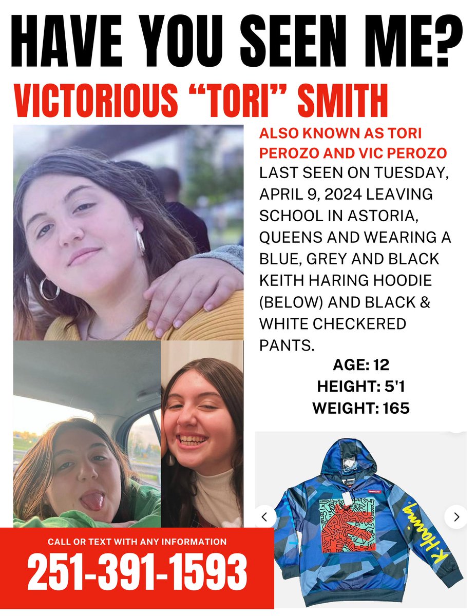 Victorious goes by the nicknames of Tori Perozo and Vic Perozo. Her last known whereabouts are in East Harlem and Mott Haven in New York City. 

Join the effort to bring her home to Eliana by helping us spread the word. If you have any information, please contact 251-394-1593.