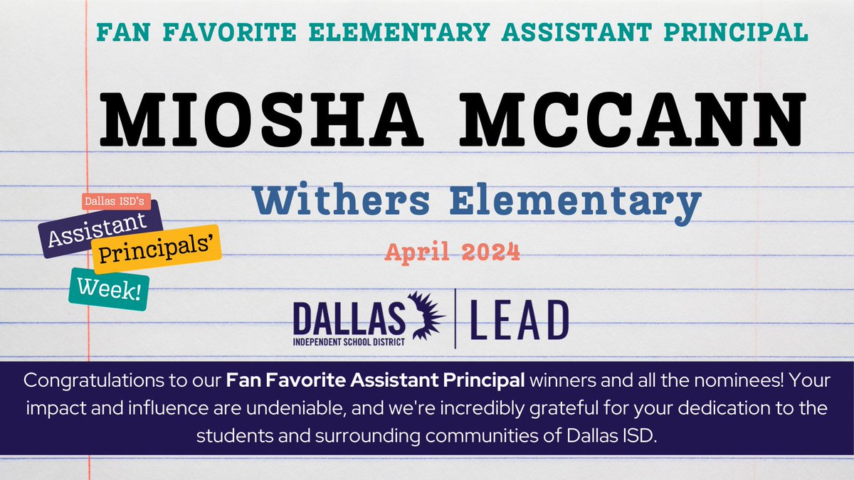 After much anticipation and overwhelming participation from our community with 2,331 votes, we're thrilled to announce our Elementary's Favorite Assistant Principal winners!  <a href="/dallasschools/">Dallas ISD</a> <a href="/TeamDallasISD/">Team Dallas ISD</a> <a href="/DISDCelebrates/">Follow us @DallasISDatWork</a> #APWEEK #LEAD #DallasISD