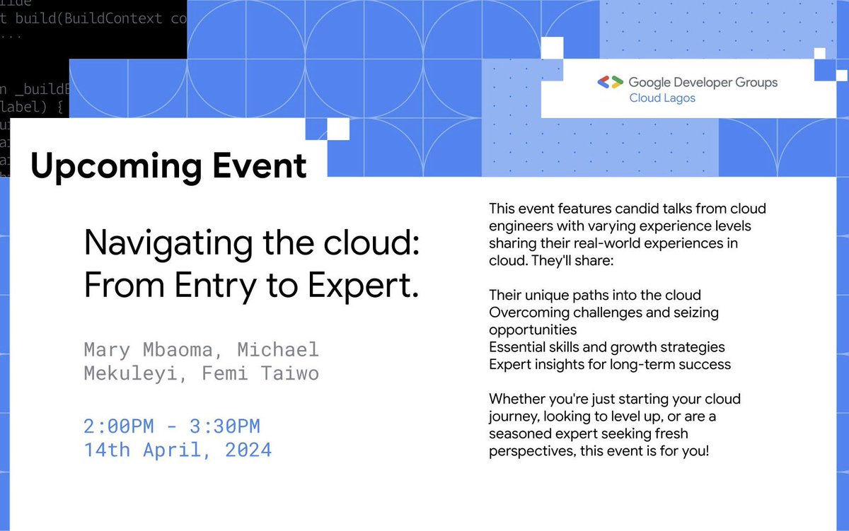 This event adequately targets all levels of Cloud/Devops engineers. If you’re aspiring or you’re a seasoned expert, this is for you and you don’t want to miss it. Join us on Sunday by 2pm. Come one, come all. Make sure to get your tickets: bit.ly/entrytoexpert