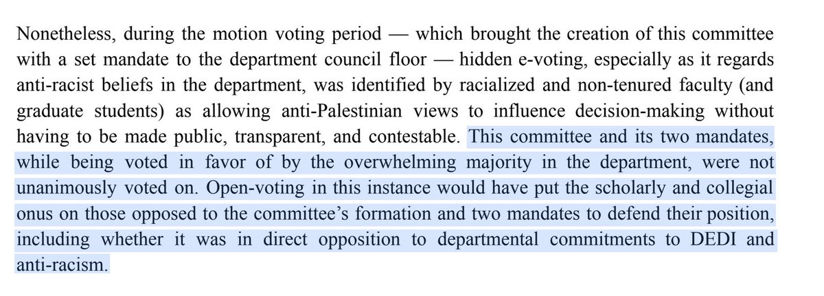 the @YorkUniversity Politics dept 'Palestine Solidarity Committee' pronounces Zionism 'a settler colonial project...that upholds global white supremacy' It also wants to abolish anonymous faculty voting, so it can punish Zionists & other foes of 'anti-racism' for crimes vs DEI