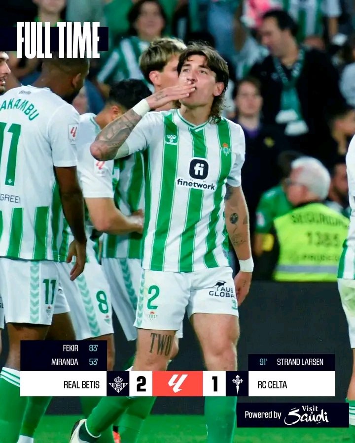 FT #RealBetisCelta 2-1 

Home win for Betis 💚🤍

#LALIGAEASPORTS | #ResultsByVisitSaudi