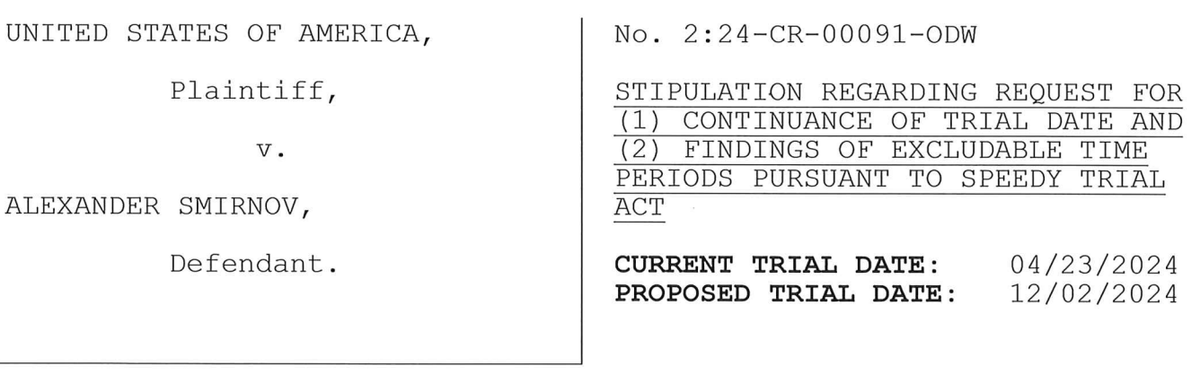 The parties in the Alexander Smirnov trial have asked for a continuance until December 2. They've done so even tho Smirnov is detained and a 1001 sentence is often about 10 months. storage.courtlistener.com/recap/gov.usco…