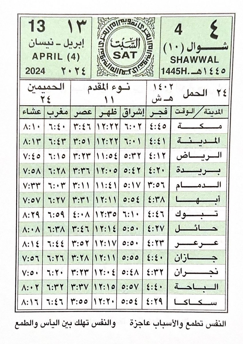 السلام عليكم ورحمة الله
🗓اليوم #السبت
4 - 10 #شوال - 1445🔺270
13 - 4 #ابريل - 2024🔺104
.
⏱باقي على
#الراتب 15
#التقاعد 12
#الدعم_السكني 11
#تقاعد_التأمينات 18
#حساب_المواطن 26
#الضمان 18
#حافز 22
#التأهيل 12
#ساند 18
#اجازة_نهاية_العام 58
#يوم_عرفه 63
.