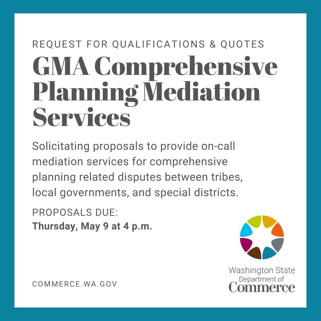 Our Growth Management Team is requesting proposals to provide mediation services for planning related disputes between tribes, local governments, and special districts on an on-call basis. Proposals due: Thursday, May 9 by 4 p.m. Learn more: bit.ly/3UadHyF