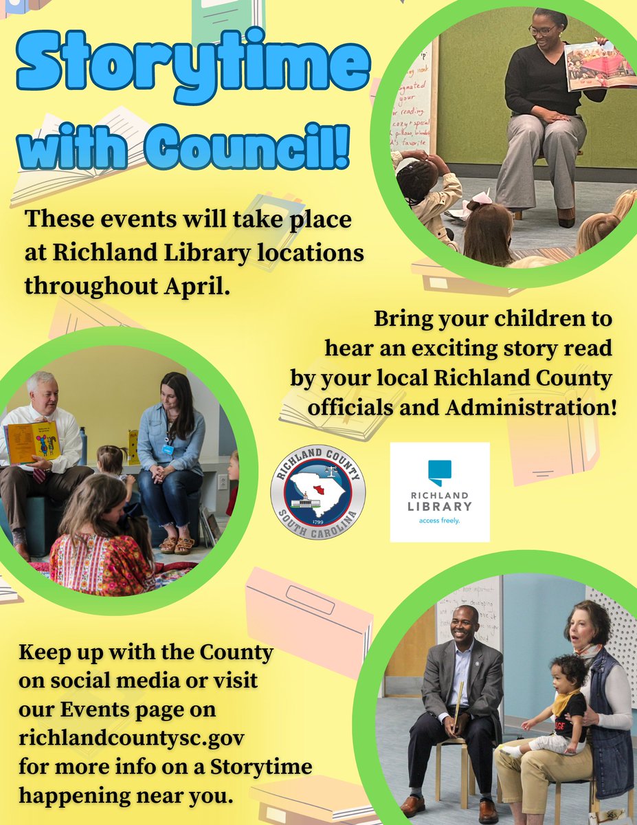 Storytime with Council is back😊! The first event, with Councilman Jason Branham (District 1), is at 10 am Thurs., April 18 at Richland Library Ballentine, 1200 Dutch Fork Road, Irmo. Visit tinyurl.com/2zv7x8r3 to see a list of Storytimes at @accessfreely! #RichlandCountySC