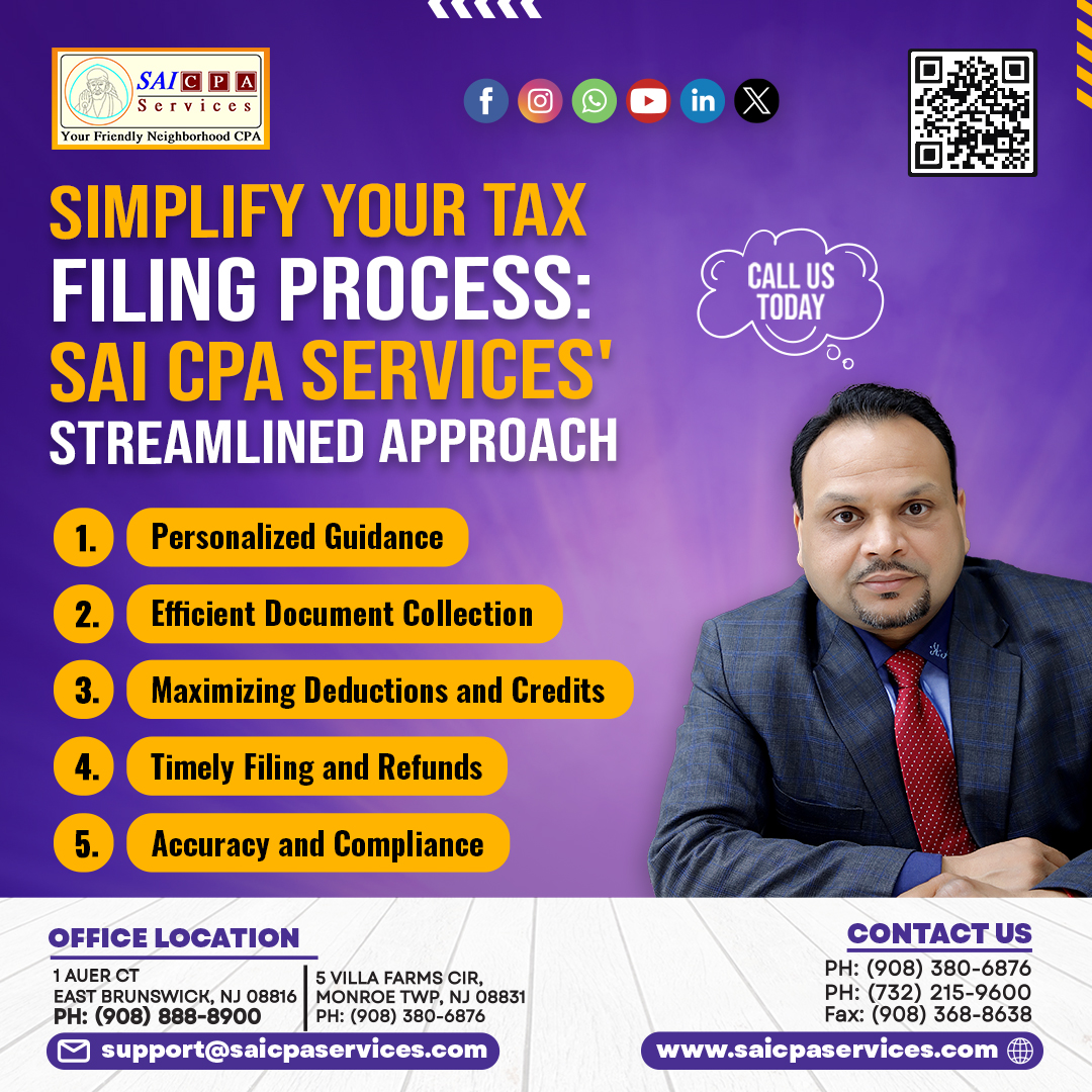 'Effortless Tax Filing Made Simple with Expert Assistance.'
Contact Us: saicpaservices.com
(908) 380-6876
#TaxFiling #CPAServices #Efficiency #Deductions #Compliance #Refunds #AccuracyMatters #SaiCPA