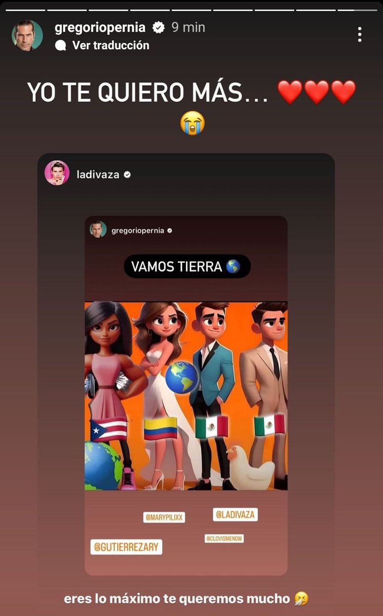 Dos cosas 
1- Gregorio y la divaza diciendose te quiero en ig 🥹
2.-La divaza compartiendo la historia de apoyo a 🌎 ¿Podrán soportar? 💋
#LCDLF4