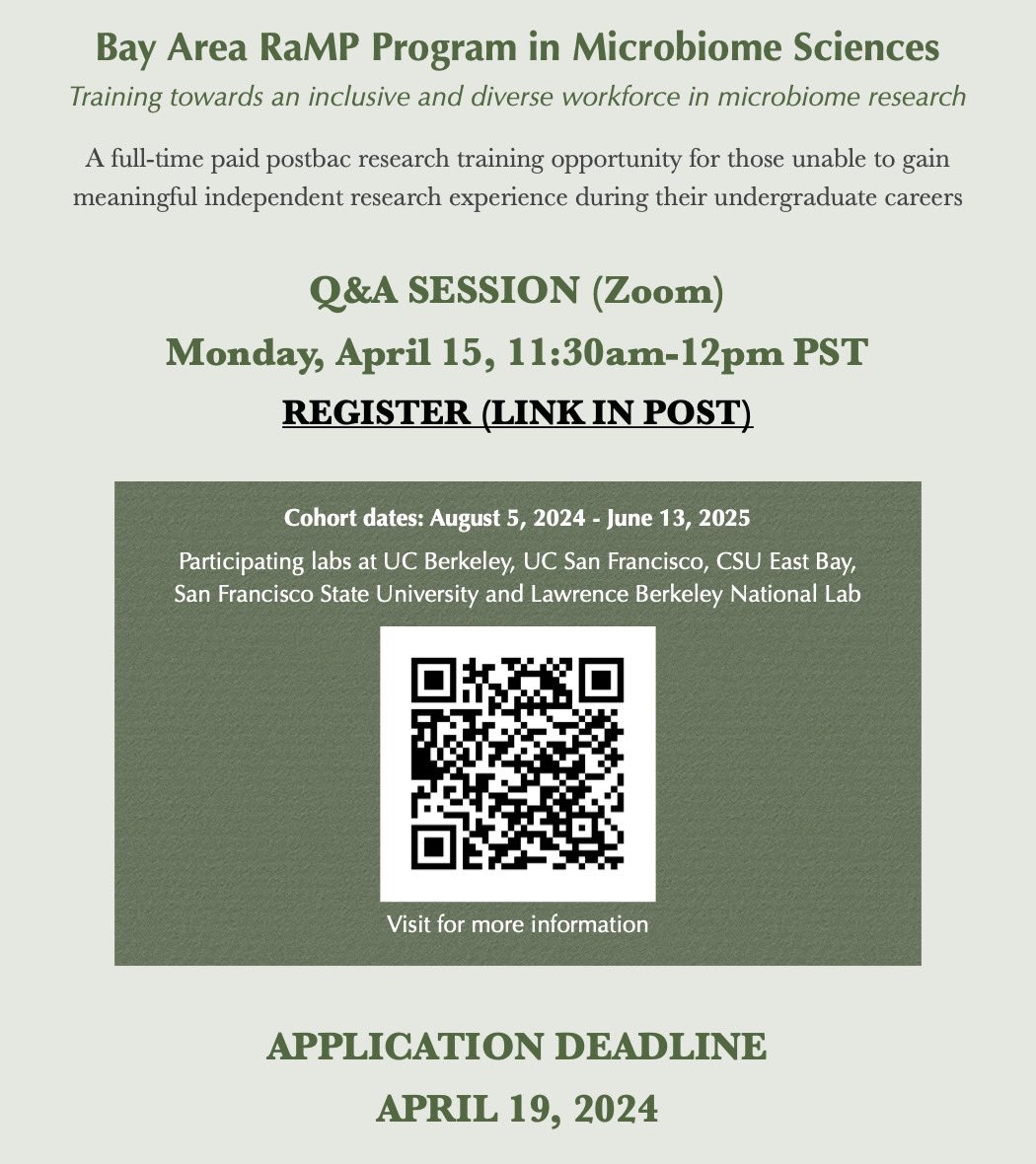 One week left to apply! Please share with any recently graduated students who are looking for a postbac full-time, paid research experience in Microbiome sciences in the Bay Area! Questions? We are hosting a Q&A session this coming Monday. Register here: forms.gle/7pjHyySm2iEiTc…