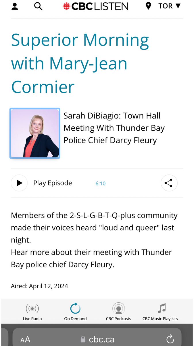 CBC Listen Superior Morning with Mary-Jean Cormier with Sarah DiBiagio: on the Town Hall Meeting With Thunder Bay Police Chief Darcy Fleury.

#AnemkiWiikwedong #ThunderBay #TBay #2SLGBTQIA

cbc.ca/listen/live-ra…
