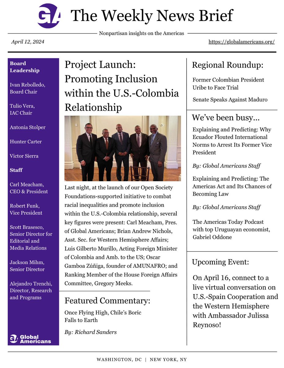 Explore our “Weekly News Brief” for crucial insights on Ecuador's raid of the Mexican Embassy and the potential impacts of the Americas Act, and listen to perspectives from regional experts. Plus, catch up on our latest program launch and top stories! buff.ly/4aTZXxs