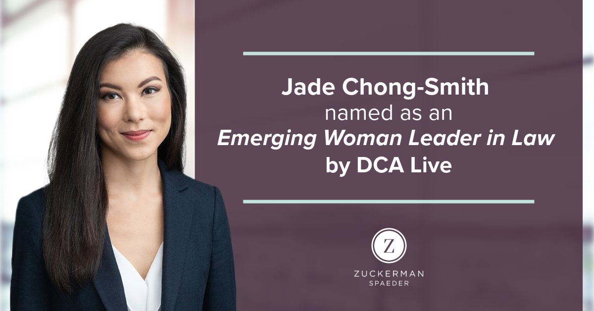 DCA Live has named @ZS_Law's Jade Chong-Smith as one of the 'Emerging Women Leaders in Law' for 2024. The award recognizes talented attorneys in the DC area who serve as leaders within their firms and the broader DC legal community. More: news.zuckerman.com/3UeOVgT #zsinthenews