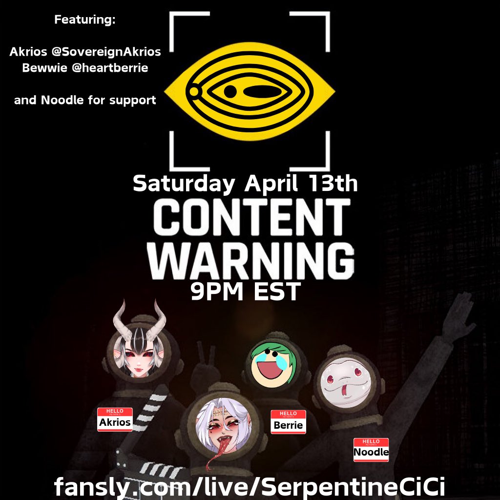 THIS SATURDAY VIBES AND GOOD TIMES I will be joined by @heartberrie and @SovereignAkrios and we will be playing some Content Warning with @buttplugio’s new mod 😳 Come join us for some extra spicy fun on my fan-sly at 9 pm est ❤️❤️