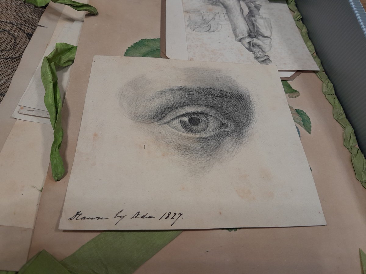 Spent a stirring afternoon in the presence of boxes of Byron and Byron adjacent belongings and memorabilia at the @GennadiusL ... could even in some cases carefully touch things. Here is an amazing eye drawn by his daughter Ada, when around 12?: