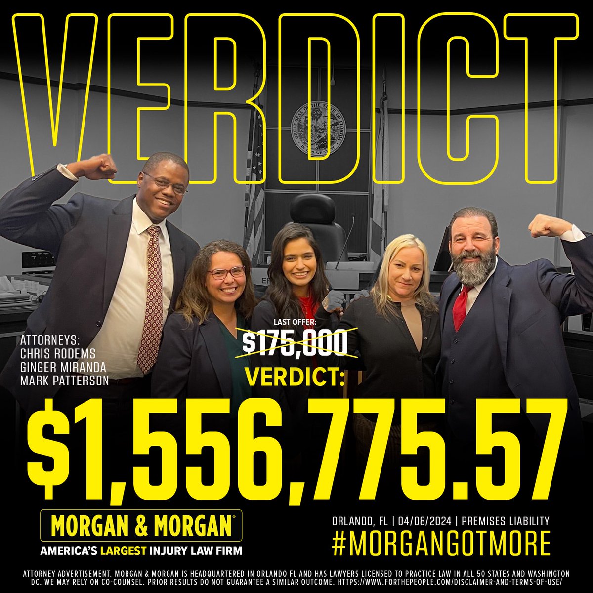 🚨#VerdictAlert: 

Chris Rodems, Ginger Miranda, and Mark Patterson just received a $1,556,775.57 verdict for our client in Orlando, FL!

Proud of this team for getting our client every penny they deserved.

#ForThePeople #MorganGotMore