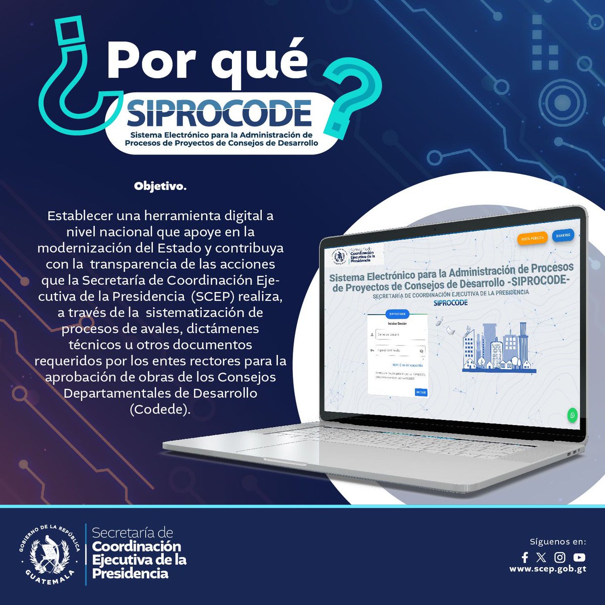 SCEPgt's tweet image. El Sistema Electrónico para la Administración de Procesos de Proyectos de Consejos de Desarrollo #Siprocode es una herramienta digital a nivel nacional, que contribuye a la modernización y transparencia.

#TransfiriendoPoderalaGente