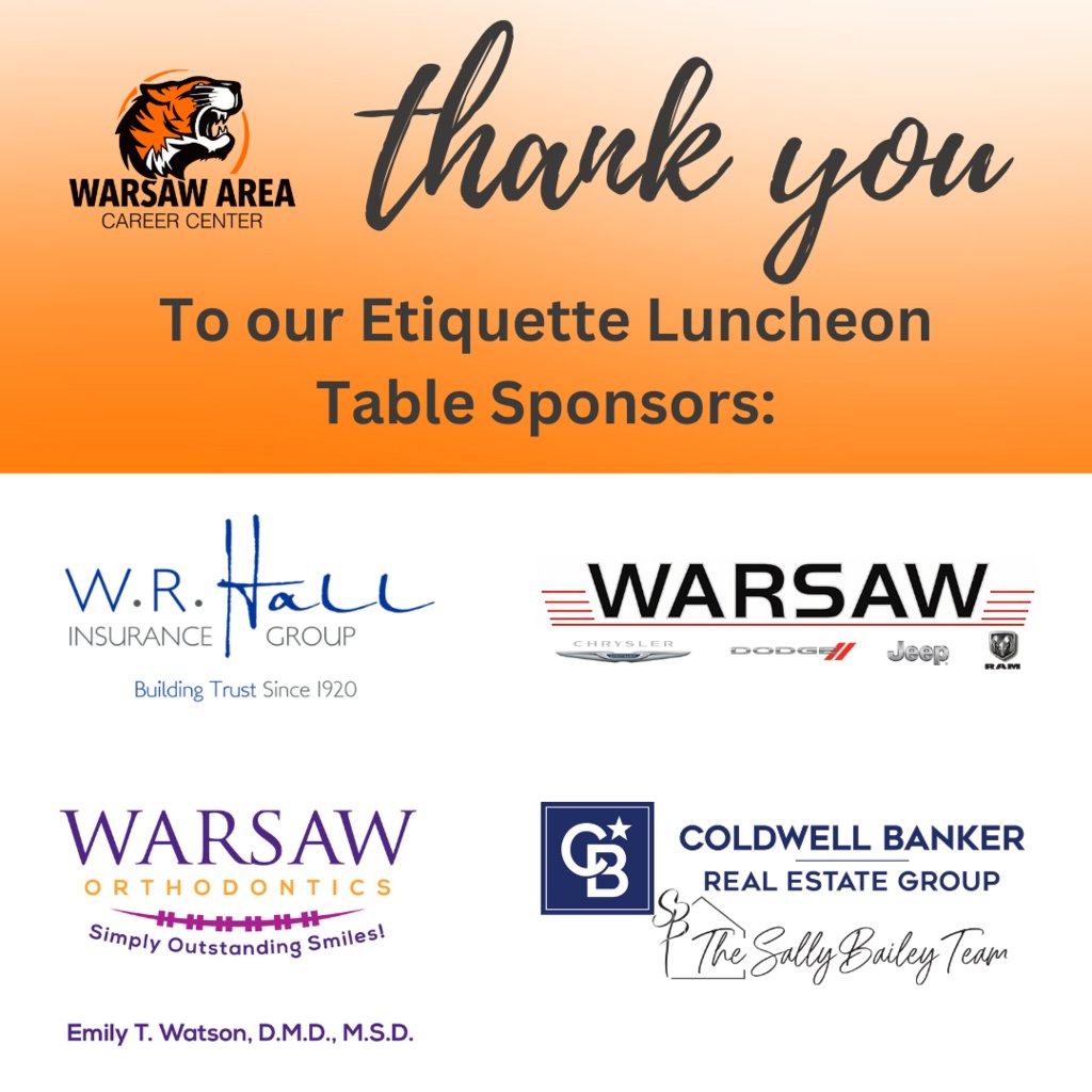 Financial support for today's Etiquette Luncheon was provided by our outstanding table sponsors: The Sally Bailey Team, Coldwell Banker Real Estate Group; Warsaw Autoplex; Warsaw Orthodontics; and W.R. Hall Insurance. Thank you for your support! #ExperienceWCS #WCSmission