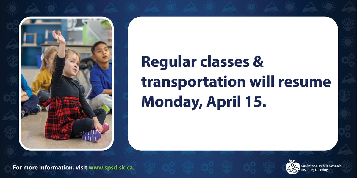 Regular classes, transportation, noon supervision and extracurricular activities will resume on Monday, April 15. Learn more: spsd.sk.ca/Pages/newsitem…
