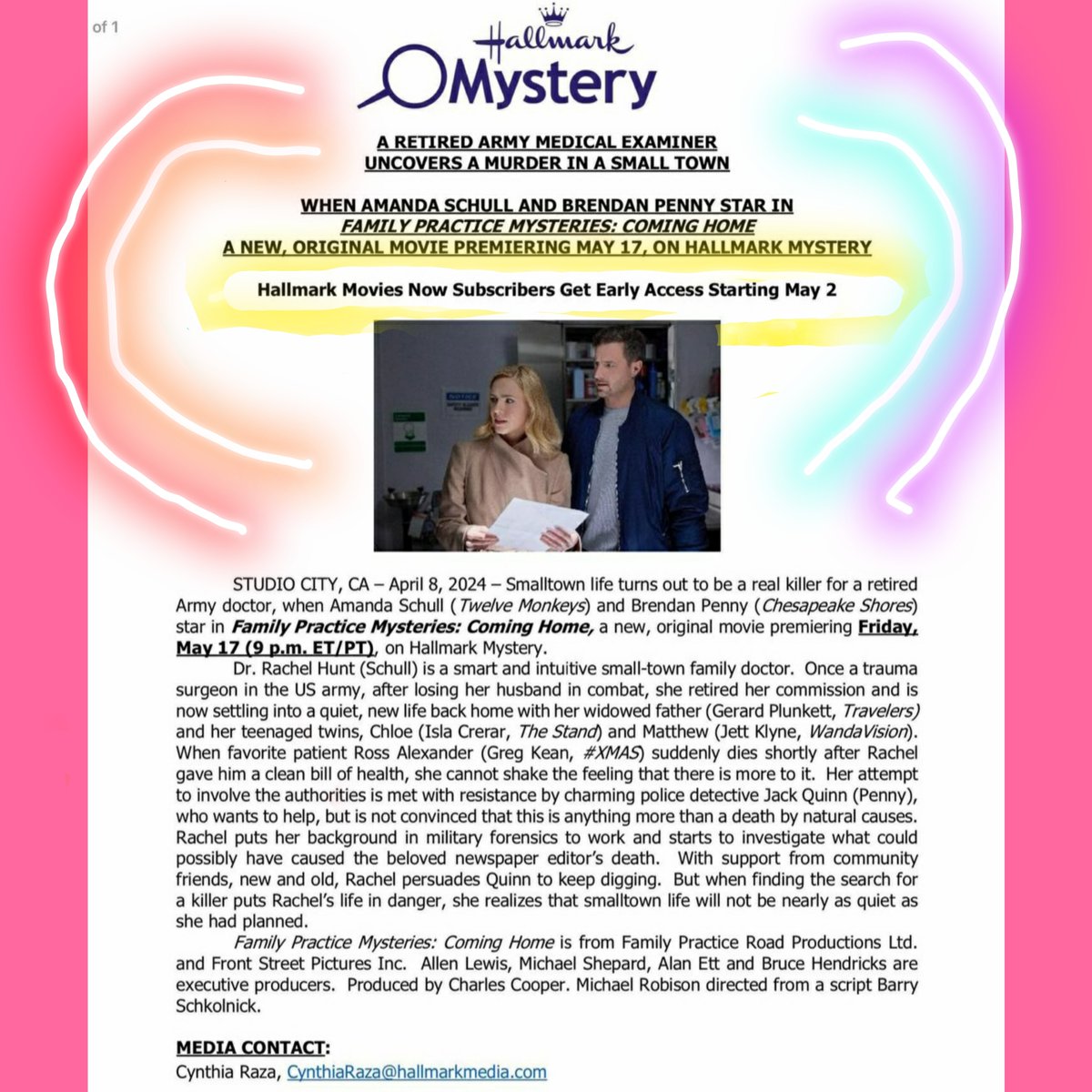 Hallmark Mysteries Press Release for Family Practice Mysteries: Coming Home starring Brendan Penny & Amanda Schull & fun news! It will be able to stream early on Hallmark Movies Now on May 2nd, 15 days before its Friday May 17th premiere on Hallmark Mystery🔍🔎

📸 Hallmark Media