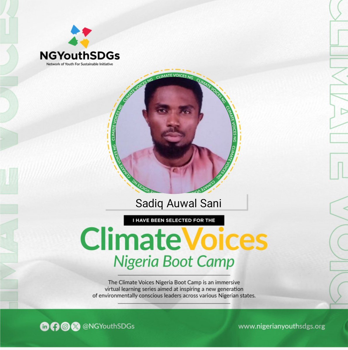 I'm thrilled to have been selected to partake in the Climate Voices Nigeria boot camp. This is an incredible opportunity to learn from experts, connect with fellow advocates, and grow my skills in climate change activism. @NGYouthSDGs  
#ClimatevoicesNG