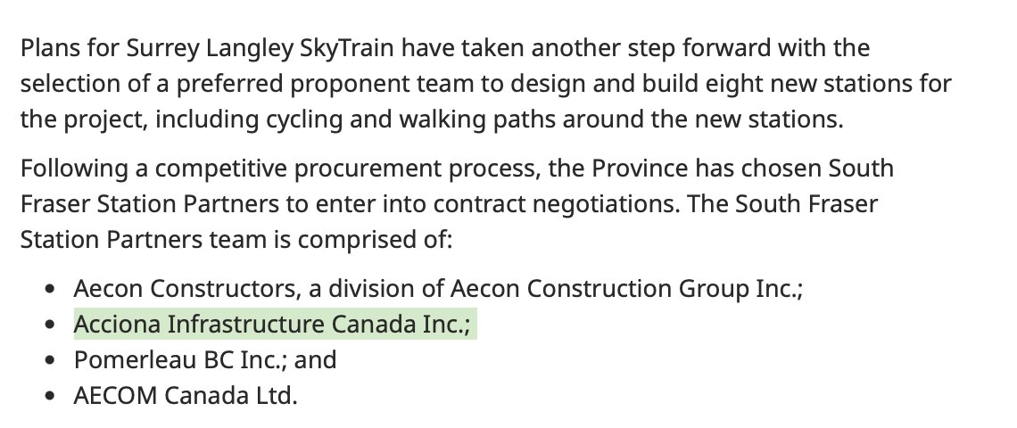 Acciona, the company fired from Metro Vancouver's North Shore Wastewater Treatment Plant, just got another contract from @BCNDP. It's part of a team that will design and build eight Surrey Langley SkyTrain stations. #bcpoli
