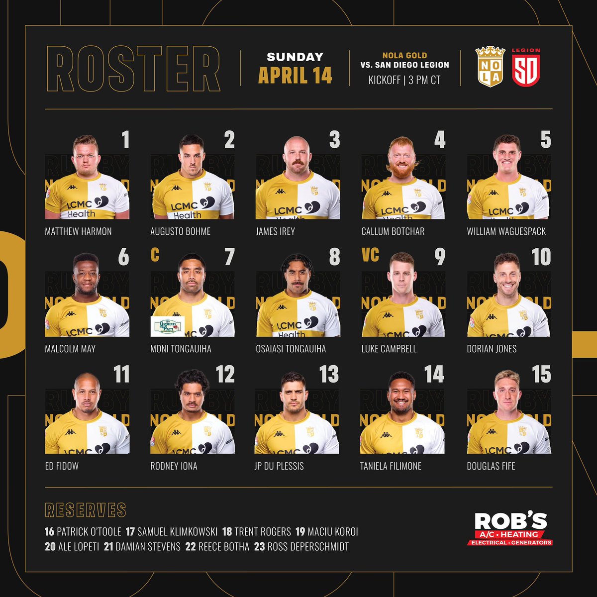 🥁 Your Week Seven Match Roster - Brought to you by Rob’s A/C and Heating - Join us this Sunday at 3pm at Loft18 Metairie for an eventful watch party!