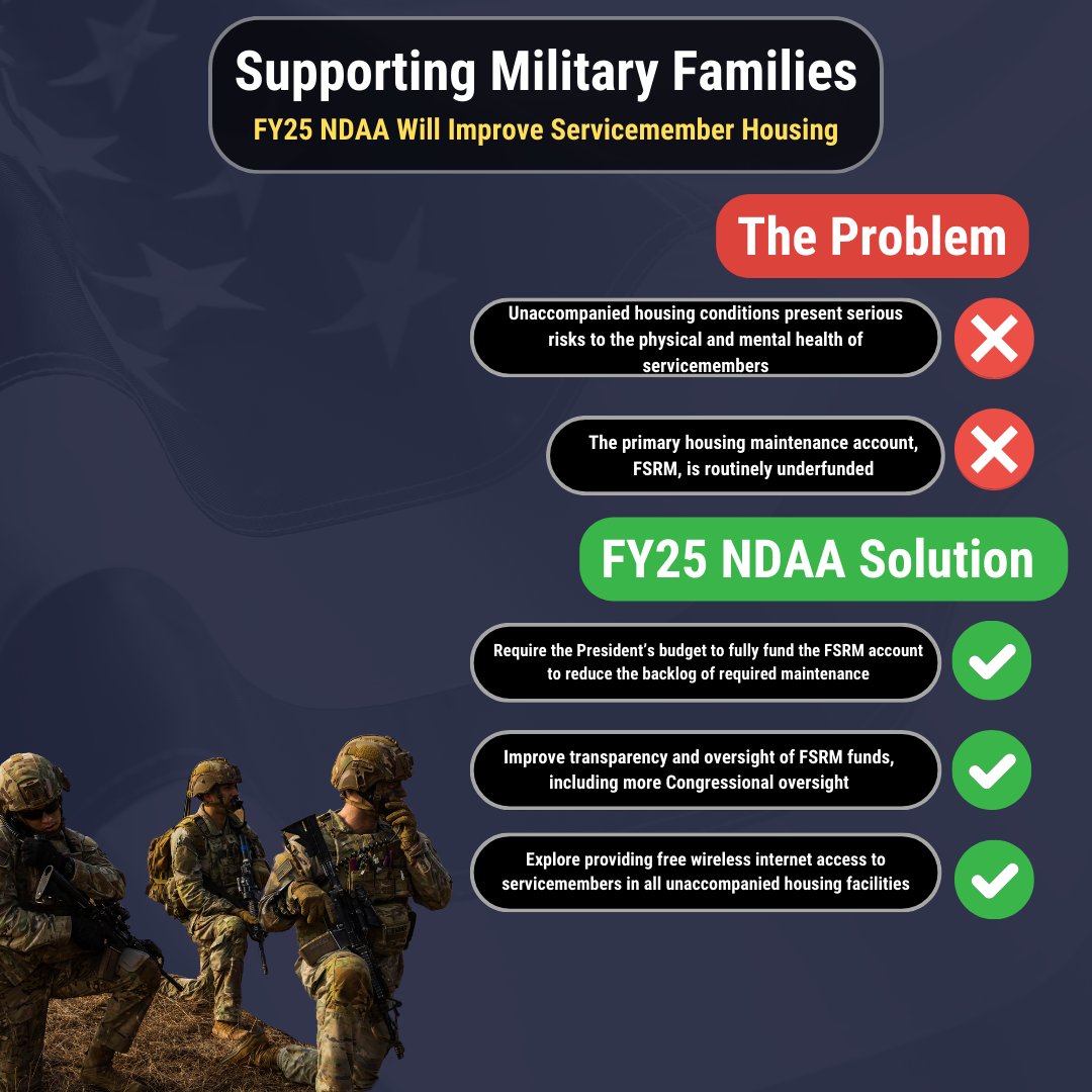 The current state of unaccompanied housing for servicemembers is unacceptable and threatens the health and safety of our servicemembers. The FY25 #NDAA will strengthen oversight of military housing programs and fully fund housing maintenance accounts.