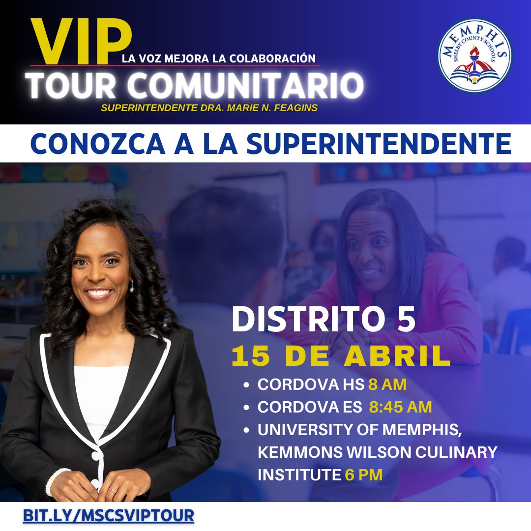 Attn: District 5! Superintendent Feagins is headed your way NEXT! Join her TODAY as she visits schools in YOUR district, eager to LISTEN and LEARN! Don't miss this chance to share your voice and insights. RSVP to let @DrMarieFeagins know you'll be there! bit.ly/MSCSVIPTOUR