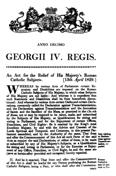 Good morning all & OTD in 1829, the Roman Catholic Relief Act was given Royal Assent by King George IV. The law removed the few remaining legal disabilities suffered by British Catholics, esp sitting as an MP & was a triumph for the Tory Prime Minister, the Duke of Wellington.