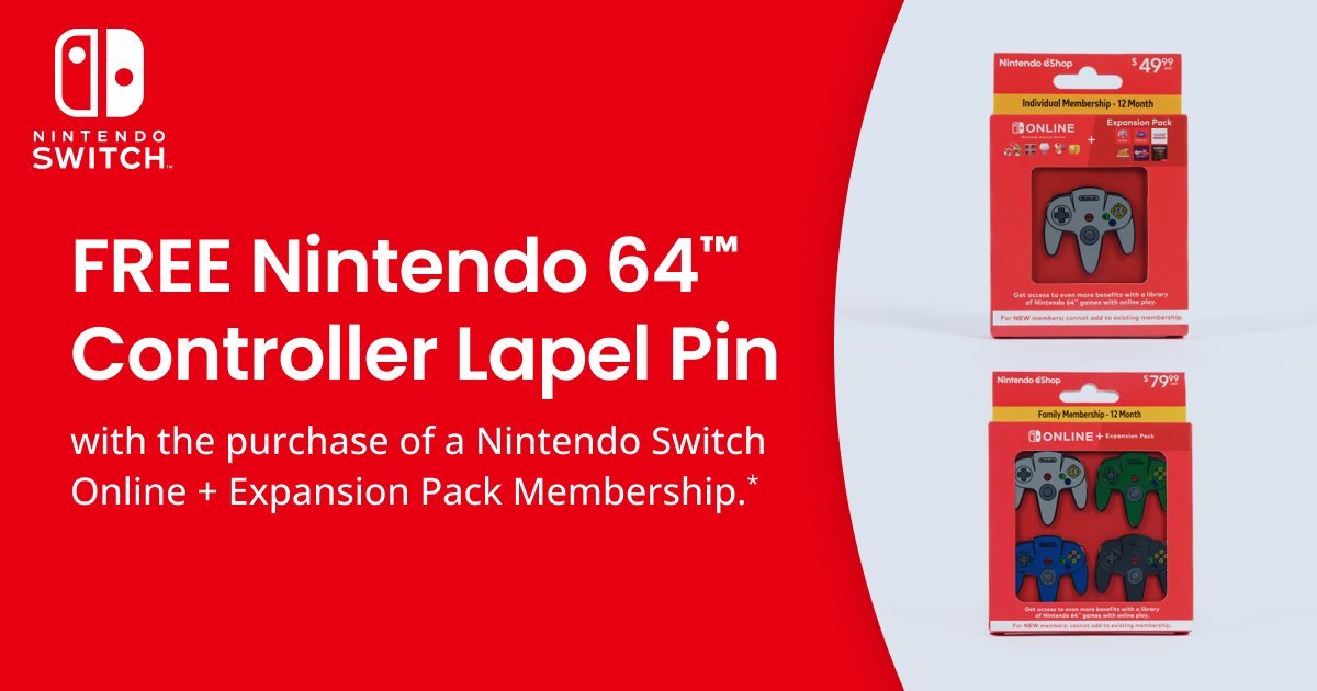 Free N64 Controller Lapel Pin with purchase of Nintendo Switch Online + Expansion Pack at GameStop in-stores