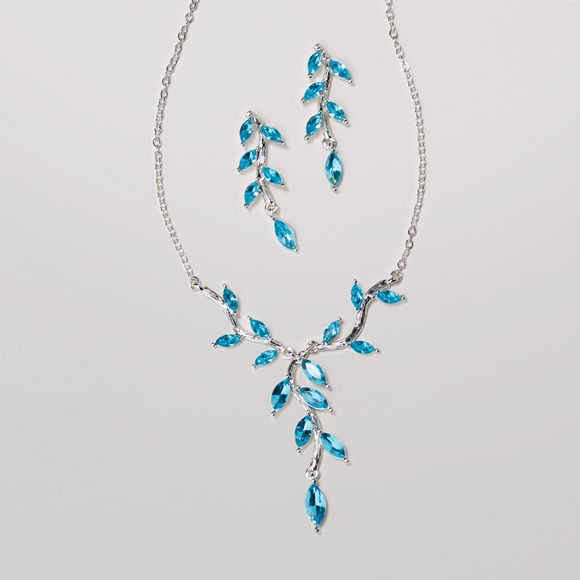 Blue Crystal Leaf Necklace & Earrings Set -- Elegance turns over a new leaf. A glimmering set of necklace and matching pierced drop earrings with blue-colored glass stones set in silvertone. #AvonJewelry #Elegance #AvonRep @avoninsider avon.com/repstore/pamwa…
