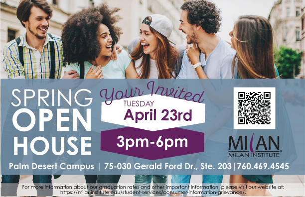 Join us at our Open House event at Palm Desert campus! Explore our beautiful campus, connect with our amazing staff and students, and get an in-depth look into the beauty, massage, and healthcare programs we offer. 

#MilanInstitute #PalmDesert #OpenHouse #CareerTraining