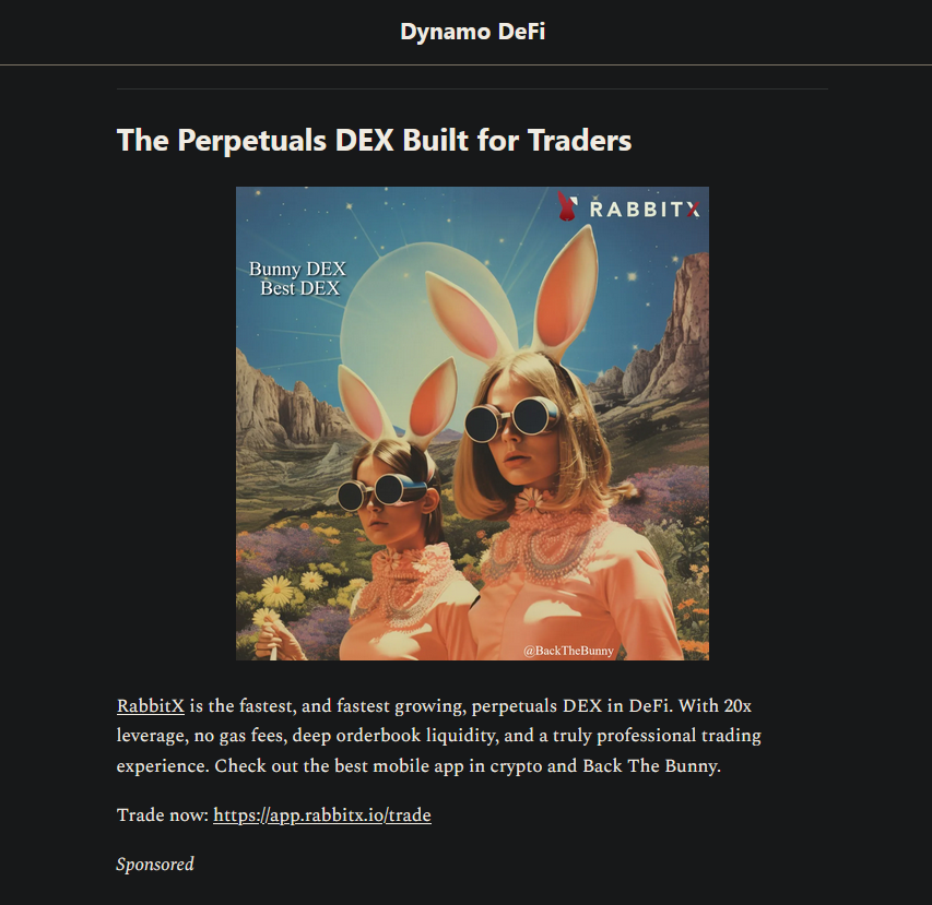 RabbitX is excited to partner with @Dynamo_Patrick and sponsor his fantastic DeFi content. He has some of the best educational newsletters and videos in crypto. Go give him a follow 🤝 Check out his most-recent newsletter, with the Bunny right at the top! 🐇 Link in comments.