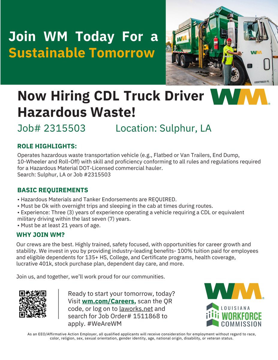 Waste Management is currently hiring for CDL Truck Drivers! You can apply by scanning the QR code or visiting wm.com/Careers. #LouisianaWorks #LAWorks #WeAreWM