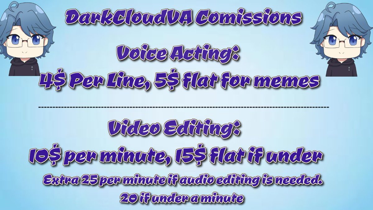 Opening up my voice acting and video editing comms again! I have a con coming up so I would like to save for that along with a trip out to LA in June. I also want to save up to move back to Texas next year. RTs are always appreciated Demo and links will be in the comments